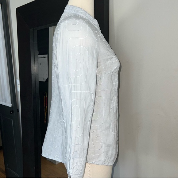 DAVID BROOKS Grayish Blue 100% Linen Embroidered 3/4 Sleeve Shirt Medium - Picture 2 of 9